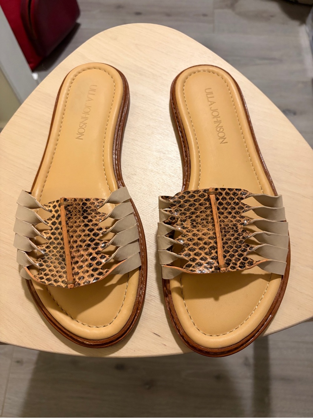 Ulla Johnson Tan Braided Snake-Print Slide Sandals